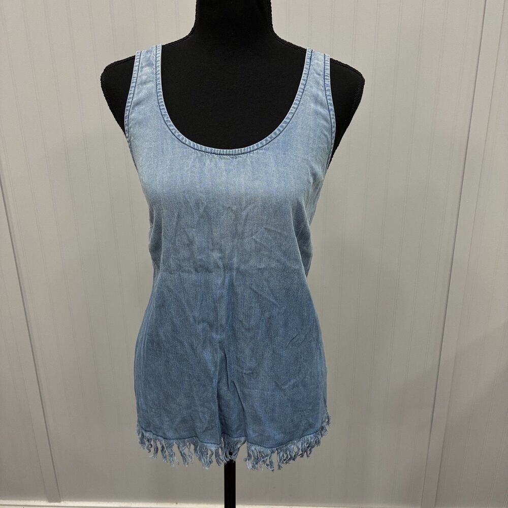Tina Jo Anthropologie Women's Small Blue Chambray Fringed Hem Sleeveless Top